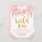Bohoピンクの花のDreamcatcherの野生の1つの誕生日 招待状 (正面/裏面)