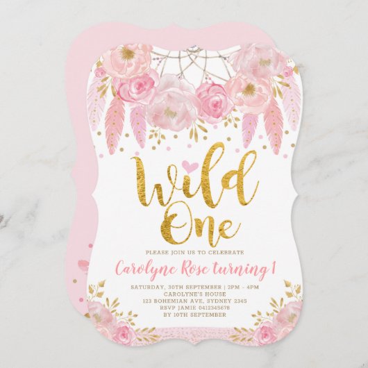 Bohoピンクの花のDreamcatcherの野生の1つの誕生日 招待状 (正面/裏面)