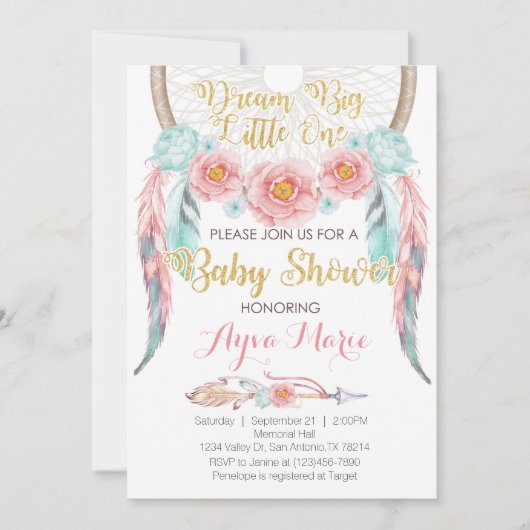 Bohoピンクの青いDreamcatcherのベビーシャワーの招待状 招待状 (正面)