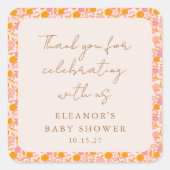Bohoピンクオレンジフローラかわいい赤ちゃんシャワーありがとう スクエアシール (正面)