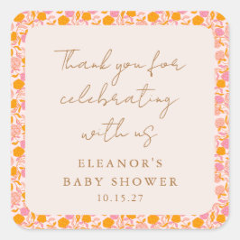 Bohoピンクオレンジフローラかわいい赤ちゃんシャワーありがとう スクエアシール