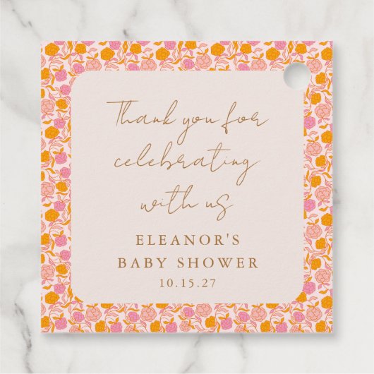 Bohoピンクオレンジフローラかわいい赤ちゃんシャワーありがとう フェイバータグ (裏面)