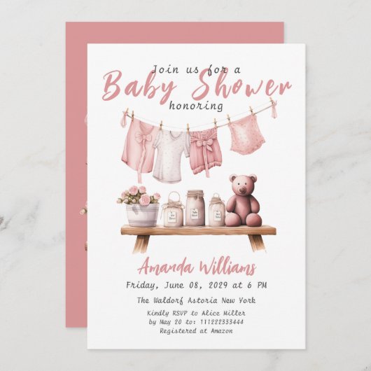 Bohoピンククロセスライン甘い赤ちゃん女の子ベビーシャワー 招待状 (正面/裏面)