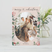 Bohoピンクグリーン楕円形フォトメリークリスマスカード シーズンカード (スタンド正面)