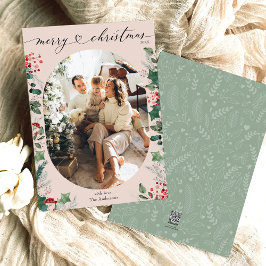 Bohoピンクグリーン楕円形フォトメリークリスマスカード シーズンカード