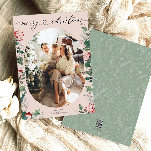 Bohoピンクグリーン楕円形フォトメリークリスマスカード シーズンカード