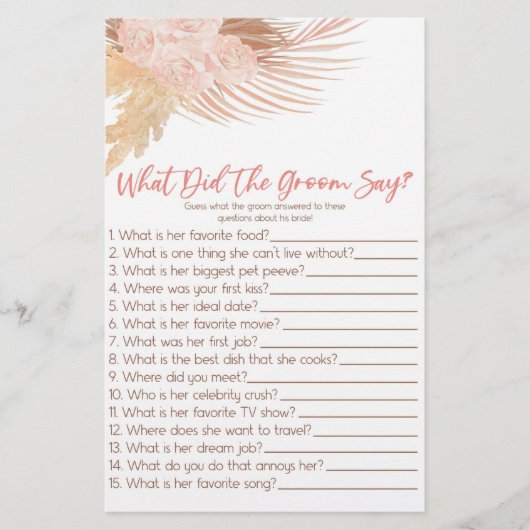 Bohoピンクザ新郎が言うブライダルシャワーゲーム 便箋 (正面)