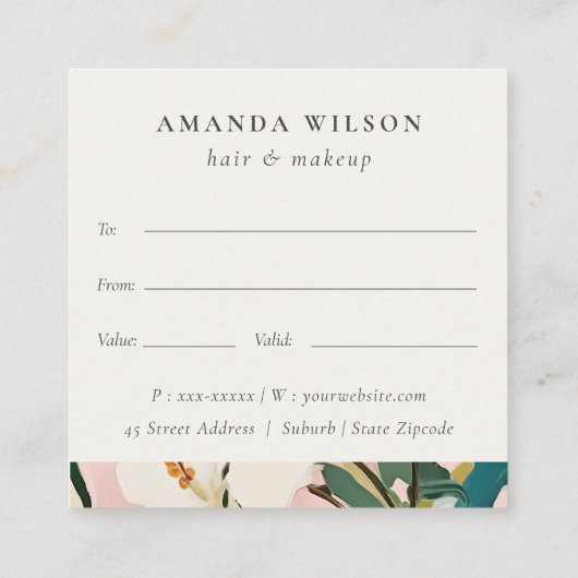 Bohoピンクティール（緑がかった色）絵を描フローラギフト証明書 スクエア名刺 (裏面)