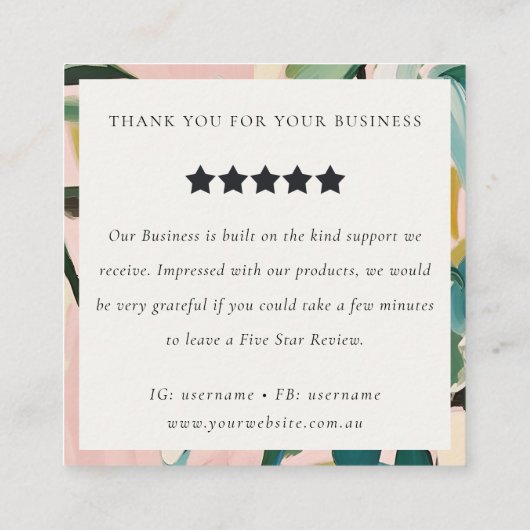 Bohoピンクティール（緑がかった色）緑の絵を描フローラレビュー要求 スクエア名刺 (裏面)