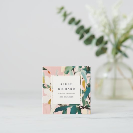 Bohoピンクティール（緑がかった色）緑の絵を描フローラレビュー要求 スクエア名刺