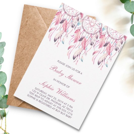 Bohoピンクドリームキャッチャー赤ちゃんシャワー 招待状