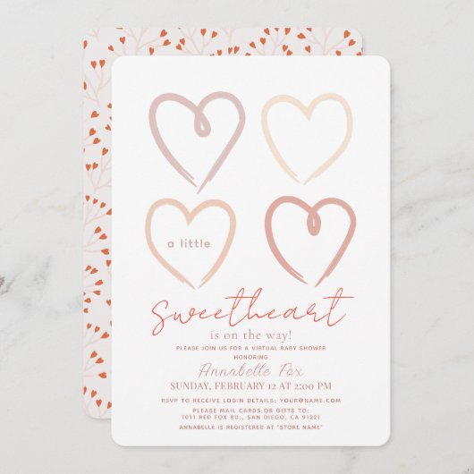 Bohoピンクハートスウィートバーチャルベビーシャワー 招待状 (正面/裏面)