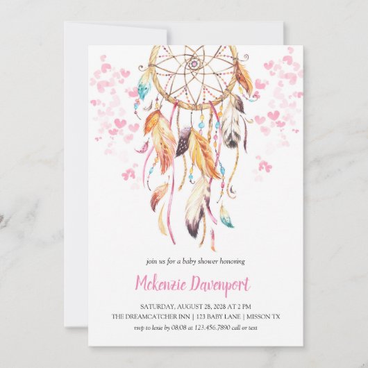 Bohoピンクハートピンクドリームキャッチャー女の子ベビーシャワー 招待状 (正面)