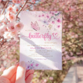 Bohoピンクパープルフローラバタフライガールベビーシャワー 招待状