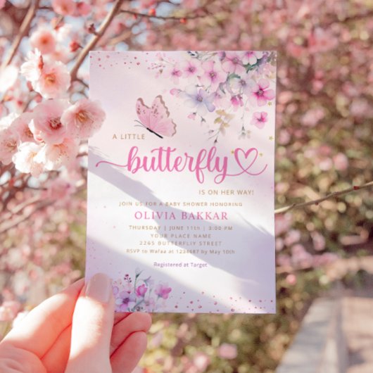 Bohoピンクパープルフローラバタフライガールベビーシャワー 招待状