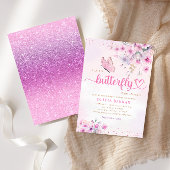 Bohoピンクパープルフローラバタフライガールベビーシャワー 招待状