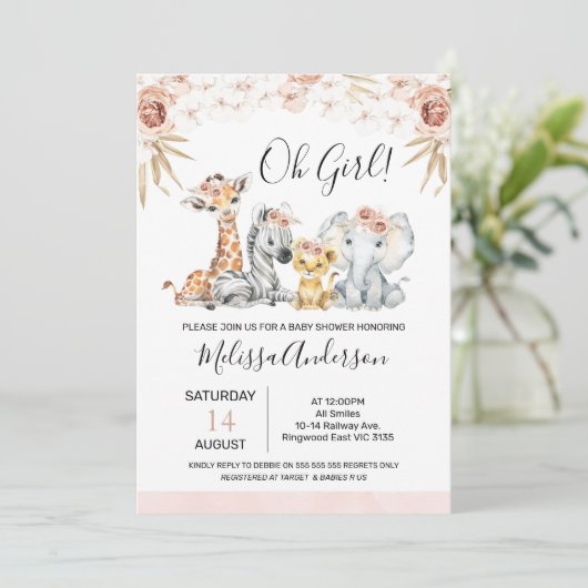 Bohoピンクフローラとパームリーフサファリベイビーシャワー 招待状 (スタンド正面)