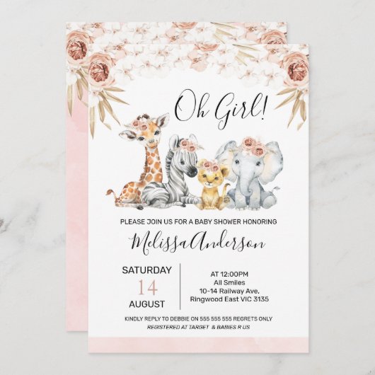 Bohoピンクフローラとパームリーフサファリベイビーシャワー 招待状 (正面/裏面)