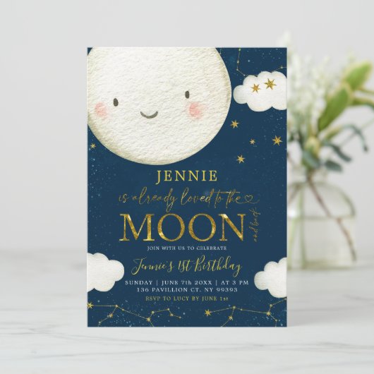 Bohoピンクフローラの月の上にベビーシャワーが侵入 招待状 (スタンド正面)