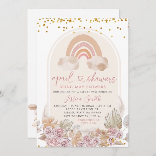 Bohoピンクフローラの月の上にベビーシャワーが侵入 招待状 (正面/裏面)