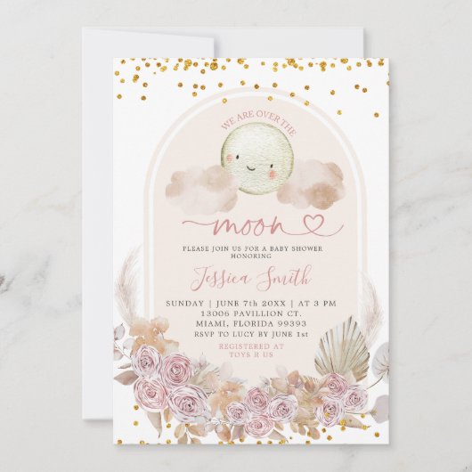 Bohoピンクフローラの月の上にベビーシャワーが侵入 招待状 (正面)