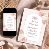 BohoピンクフローラアーチQRコードムスリム結婚ズ 招待状