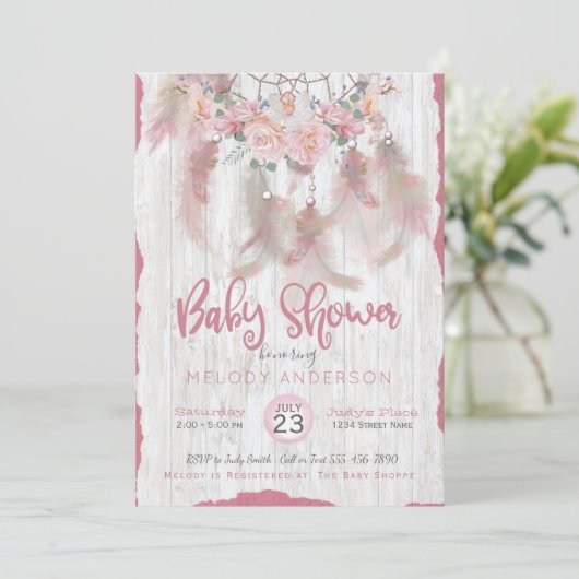 BOHOピンクフローラドリームキャッチャー部族ベビーシャワー 招待状 (スタンド正面)