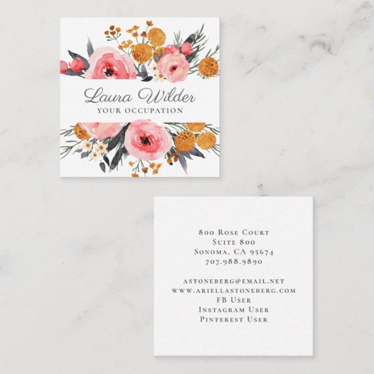 Bohoピンクフローラ名刺 スクエア名刺 (正面/裏面)