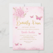 Bohoピンクフローラ蝶キス女の子ベビーシャワー 招待状 (正面)