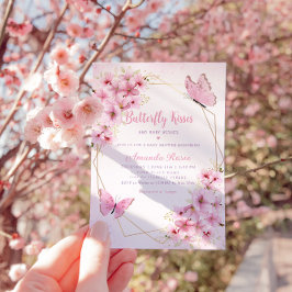 Bohoピンクフローラ蝶キス女の子ベビーシャワー 招待状
