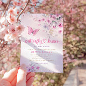 Bohoピンクフローラ蝶キス女の子ベビーシャワー 招待状