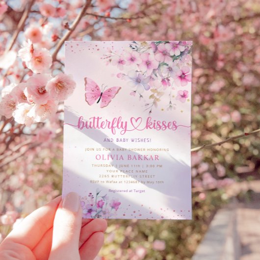 Bohoピンクフローラ蝶キス女の子ベビーシャワー 招待状