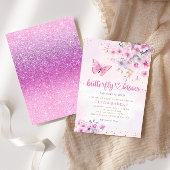 Bohoピンクフローラ蝶キス女の子ベビーシャワー 招待状