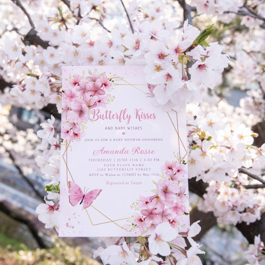 Bohoピンクフローラ蝶キス女の子ベビーシャワー 招待状