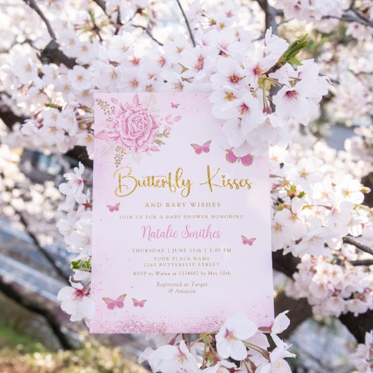 Bohoピンクフローラ蝶キス女の子ベビーシャワー 招待状