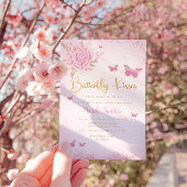 Bohoピンクフローラ蝶キス女の子ベビーシャワー 招待状