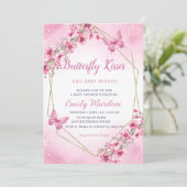 Bohoピンクフローラ蝶キス女の子ベビーシャワー 招待状 (スタンド正面)
