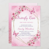 Bohoピンクフローラ蝶キス女の子ベビーシャワー 招待状 (正面/裏面)