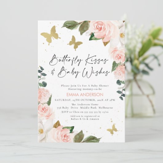 Bohoピンクフローラ蝶キス赤ちゃんシャワー 招待状 (スタンド正面)