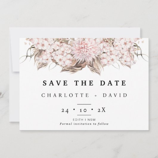 Bohoピンクブラウンフローラ結婚式日付カードを保存 招待状 (正面)