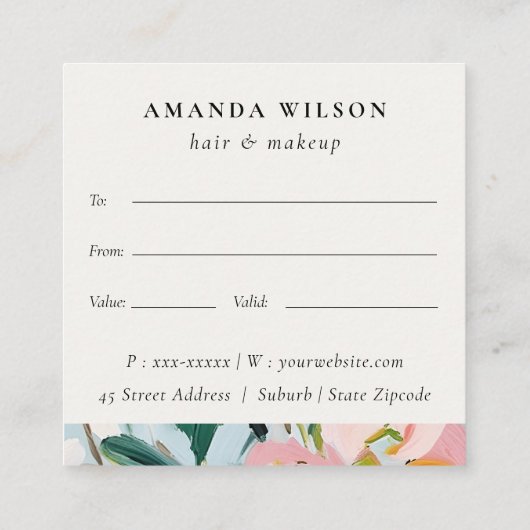 Bohoピンクブルー絵を描フローラギフト証明書 スクエア名刺 (裏面)