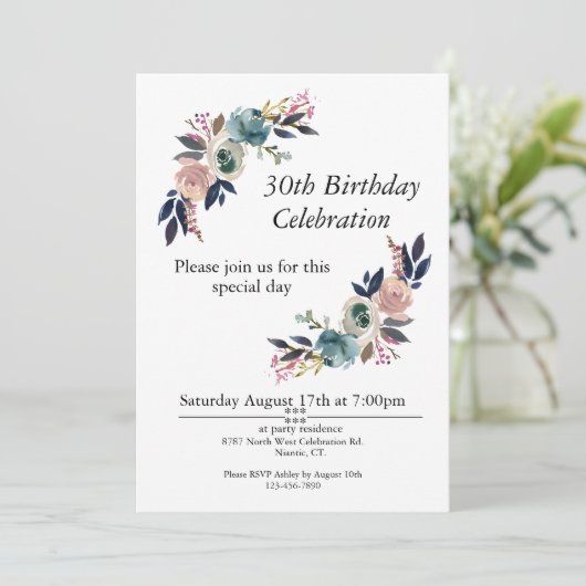 Bohoピンクブルー赤面カスタマイズ30th誕生日 招待状 (スタンド正面)