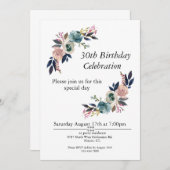 Bohoピンクブルー赤面カスタマイズ30th誕生日 招待状 (正面/裏面)