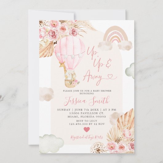 Bohoピンクホットエアバルーンフローラ赤ちゃんシャワー招待客 招待状 (正面)