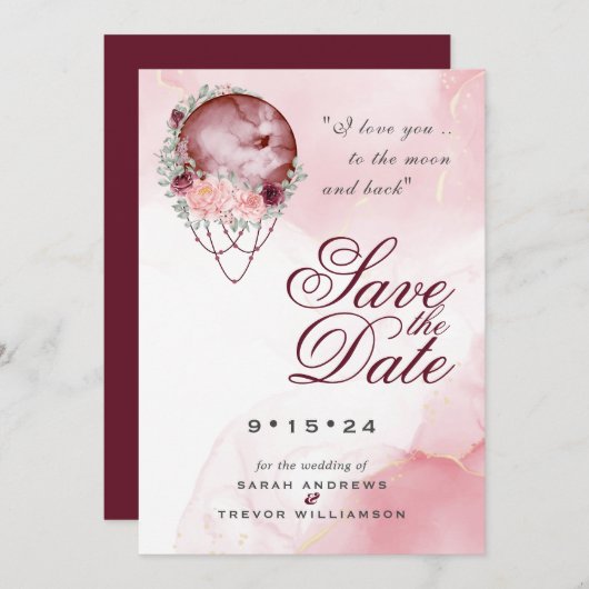 Bohoピンクマルーンムーンマンダラ日付を保存 招待状 (正面/裏面)