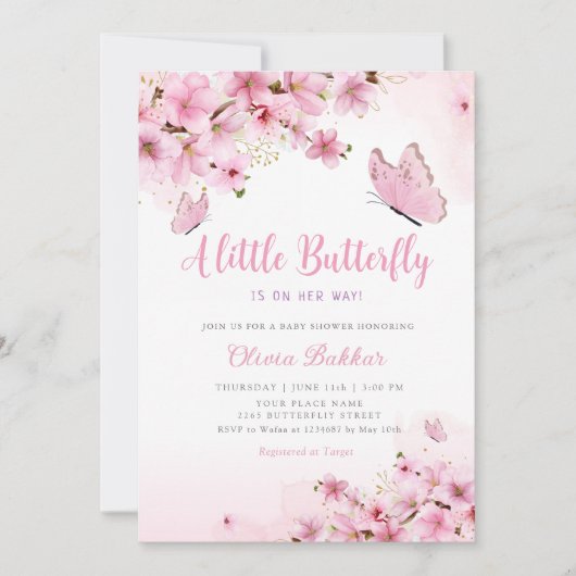 Bohoピンクモダンフローラバタフライガールベビーシャワー 招待状 (正面)