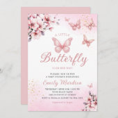 Bohoピンクモダンフローラバタフライガールベビーシャワー 招待状 (正面/裏面)