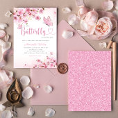 Bohoピンクモダンフローラバタフライガールベビーシャワー 招待状