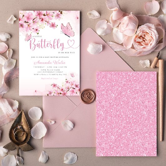 Bohoピンクモダンフローラバタフライガールベビーシャワー 招待状