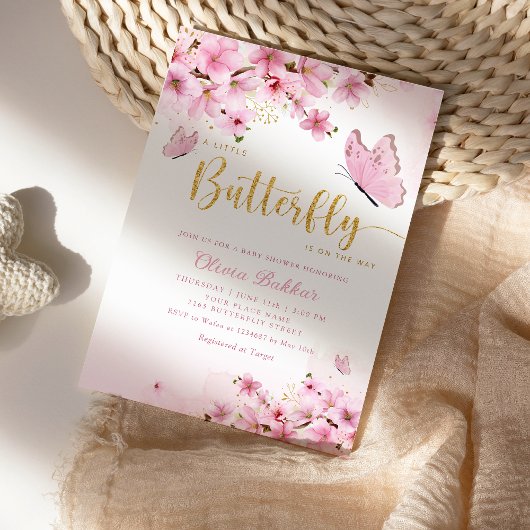 Bohoピンクモダンフローラバタフライガールベビーシャワー 招待状